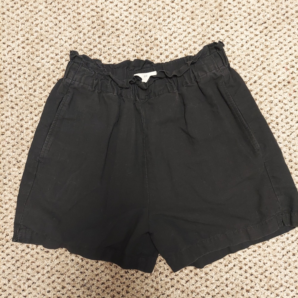 HM Black Linen Blend Paperbag Waist Shorts High Rise Size 4 Coastal Minimal Boho